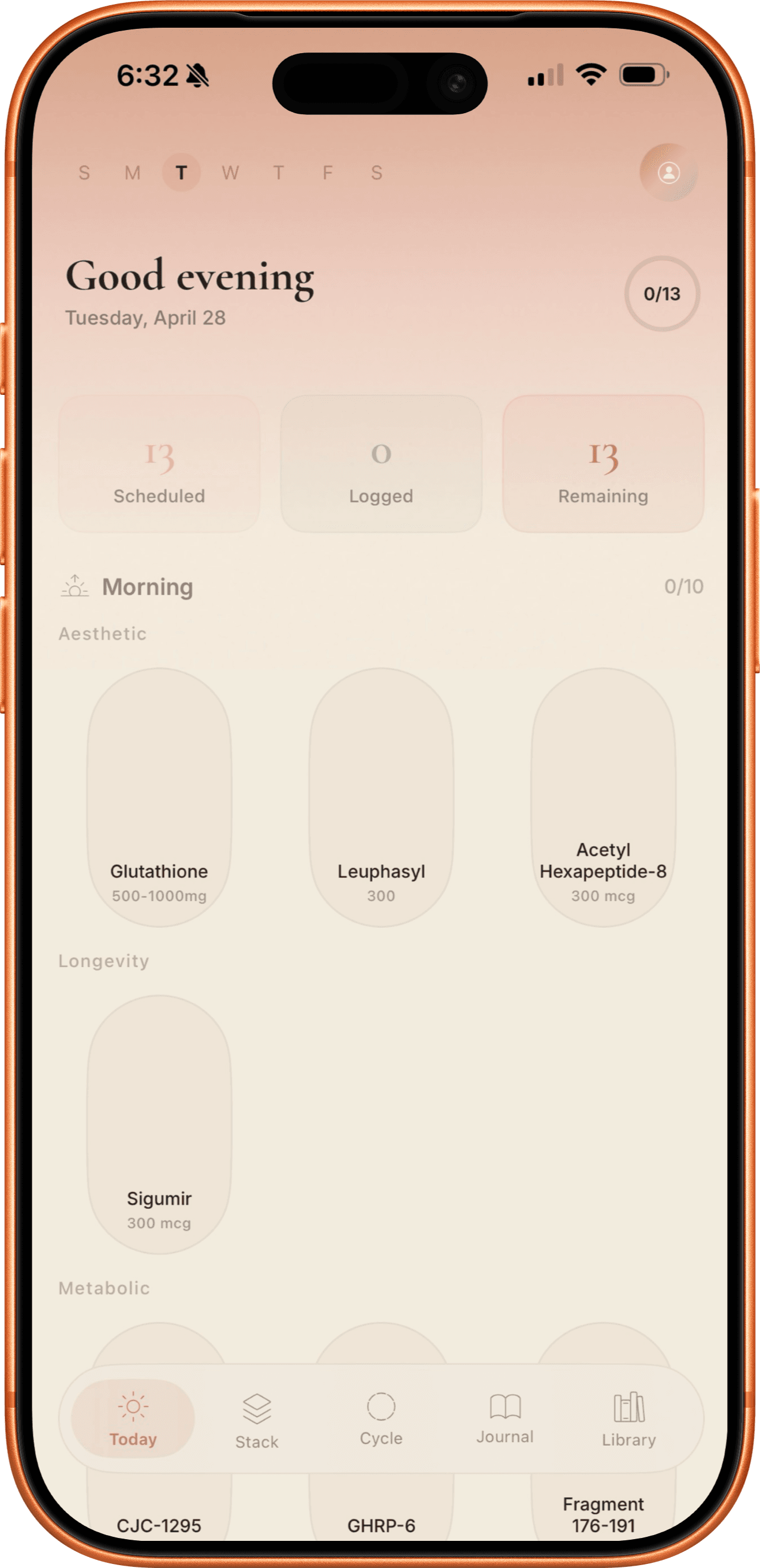 Sundial app on iPhone — Today screen showing scheduled peptides